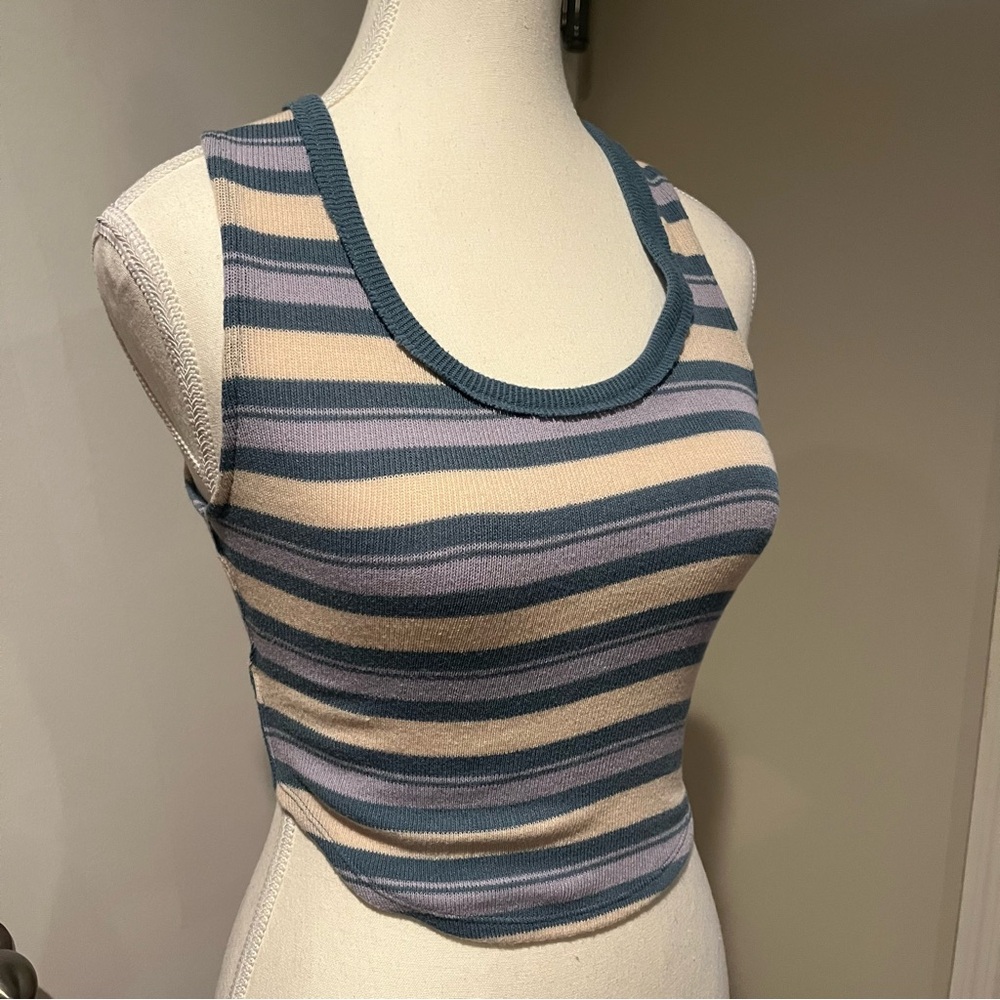 Free People Striped Blue and Cream Sleeveless Tank Tie Top